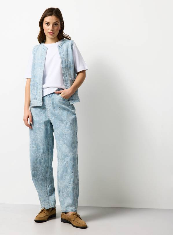 Light Denim Paisley Print Pull On Barrel Leg Co-ord Jeans 10S